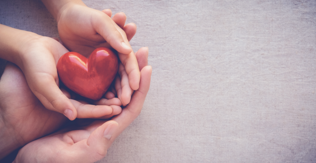 two people holding a red stone heart